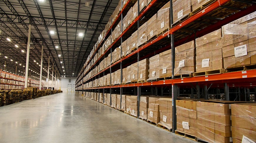 Interior of McKesson warehouse in Louisville showing aisles full of boxes