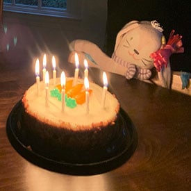 A birthday cake with candles on a table in front of a stuffed rabbit